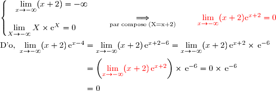 \left\lbrace\begin{matrix}\lim\limits_{x \to -\infty}(x+2)=-\infty \\\\ \lim\limits_{X \to -\infty} X\times\text{e} ^X=0\ \ \ \ \ \ \ \  \end{matrix}\right.\ \ \ \underset{\text{ par compose (X=x+2) }}{\Longrightarrow}\ \ \ \ \ \ {\red{\lim\limits_{x \to -\infty} (x+2)\text{e} ^{x+2}=0}}  \\\\\text{D'o, }\lim\limits_{x \to -\infty} (x+2)\,\text{e} ^{x-4}=\lim\limits_{x \to -\infty} (x+2)\,\text{e} ^{x+2-6} =\lim\limits_{x \to -\infty} (x+2)\,\text{e} ^{x+2}\times\,\text{e} ^{-6} \\\\\phantom{\text{D'o, }\lim\limits_{x \to -\infty} (x+2)\,\text{e} ^{x-4}}=\left({\red{\lim\limits_{x \to -\infty} (x+2)\,\text{e} ^{x+2}}}\right)\times\,\text{e} ^{-6}=0\times\,\text{e} ^{-6} \\\\\phantom{\text{D'o, }\lim\limits_{x \to -\infty} (x+2)\,\text{e} ^{x-4}}=0